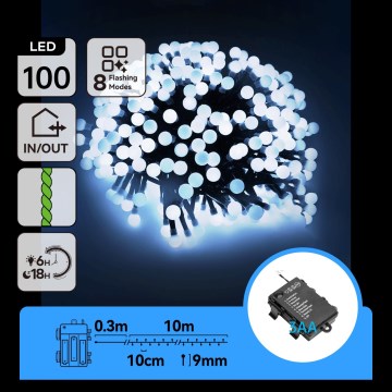 Aigostar - Outdoor Christmas string lights 100 LEDs / 8 modes 3xAA 10.3 m IP44 cool white