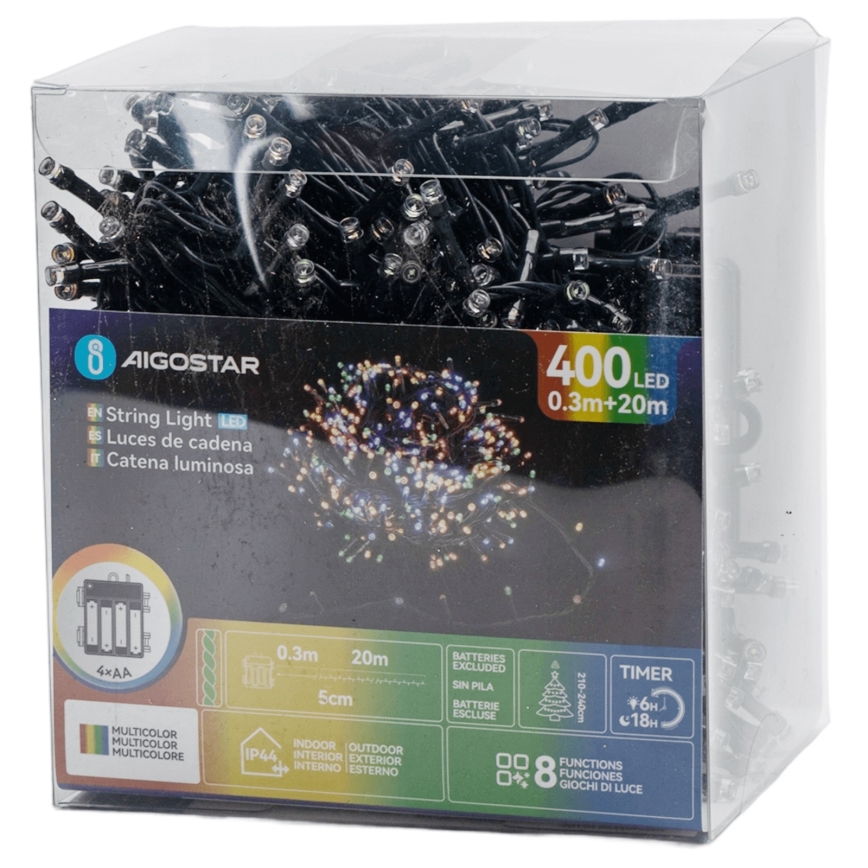 Aigostar - LED Outdoor Christmas String Lights, 400 LEDs, 8 Modes, 4xAA, 20.3 m, IP44, Multicolor