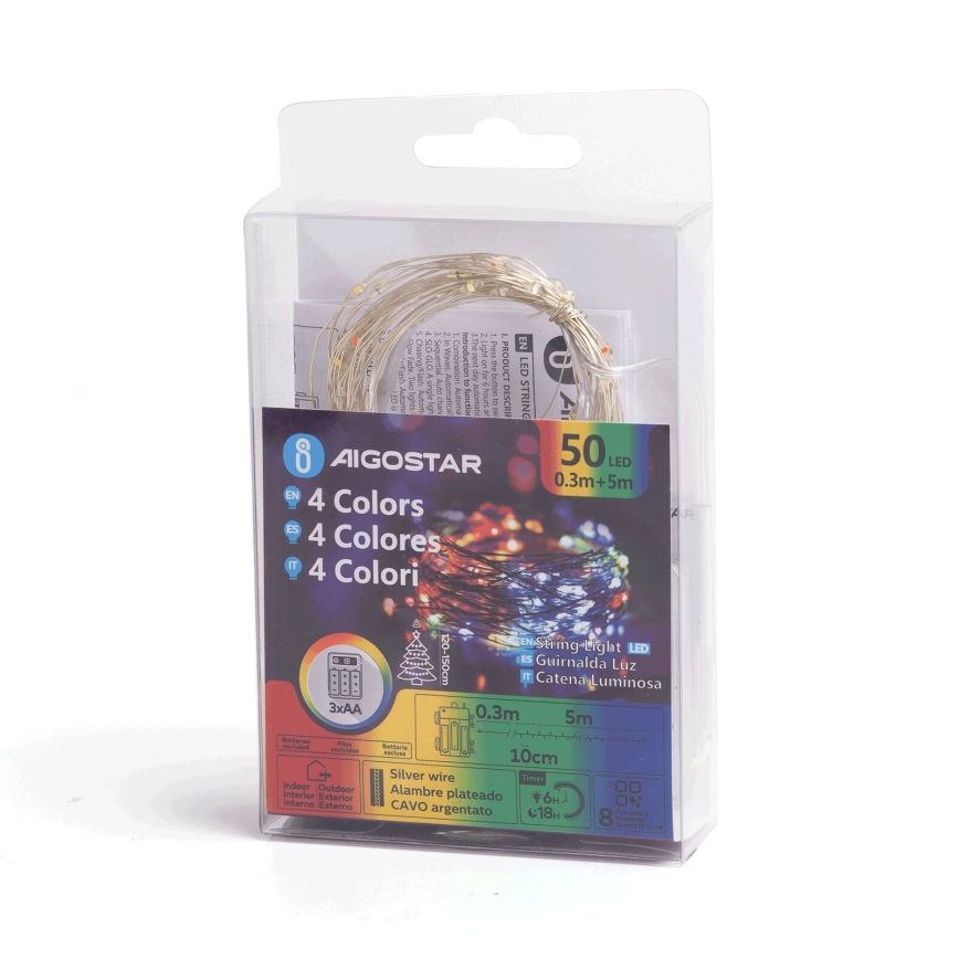 Aigostar - Outdoor Christmas string lights 50xLED/8 functions 3xAA 5,3m IP44 multicolor