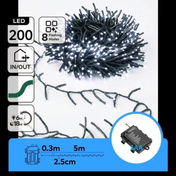 Aigostar - Outdoor LED Christmas String Lights, 200 LEDs, 8 lighting modes, 3xAA, 5.3 m, IP44, Cool White