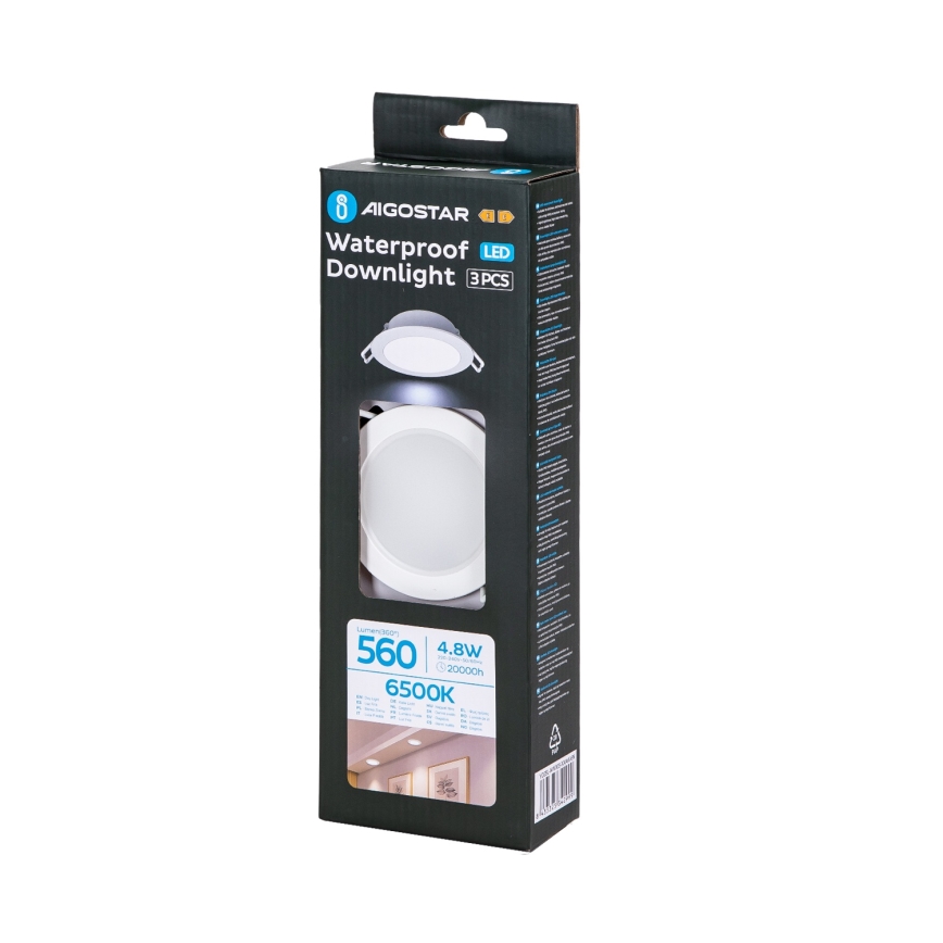 Aigostar - Pack of 3 LED Bathroom Recessed Downlights LED/4.8W/230V IP65 White