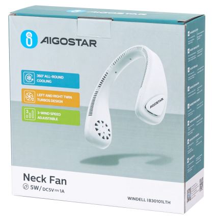 Aigostar - Rechargeable neck fan 4W/5V 2000mAh white