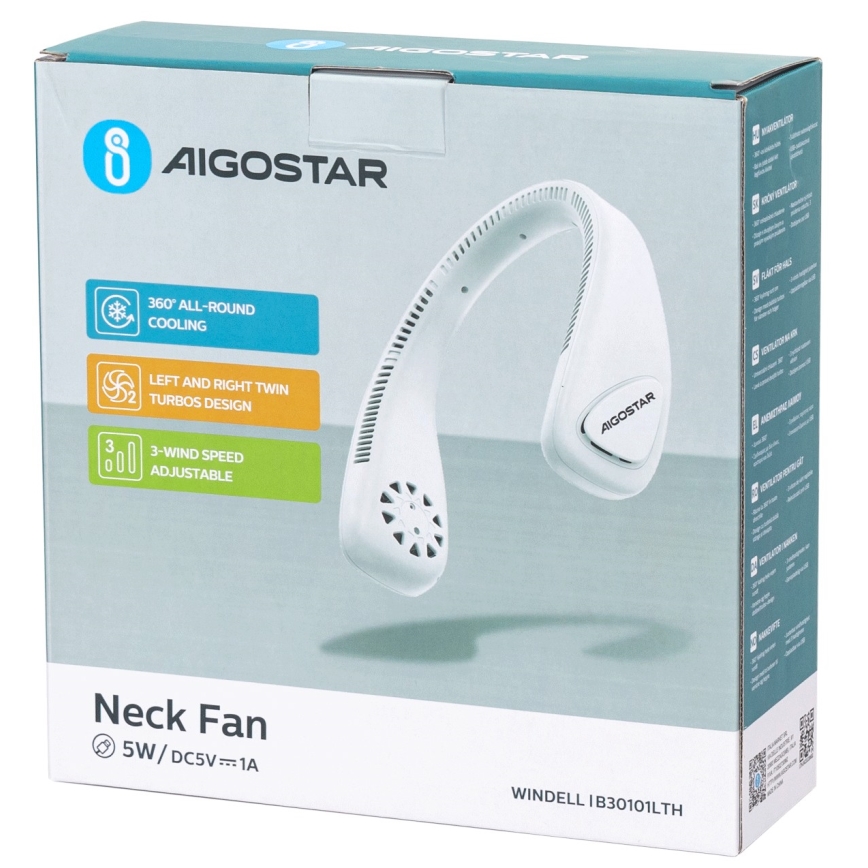Aigostar - Rechargeable neck fan 4W/5V 2000mAh white