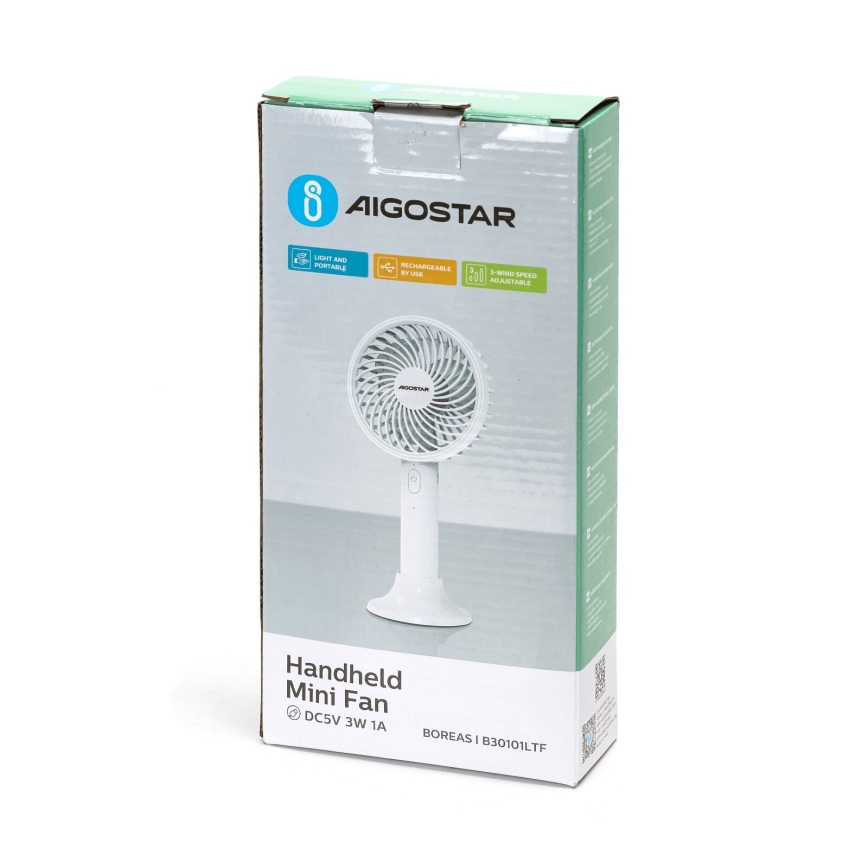 Aigostar - Rechargeable pocket fan 3W/5V 1500mAh USB white