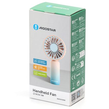 Aigostar - Rechargeable pocket fan 3W/5V 500mAh USB pink/blue