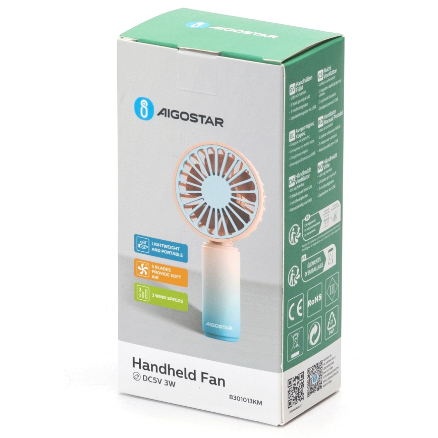Aigostar - Rechargeable pocket fan 3W/5V 500mAh USB pink/blue