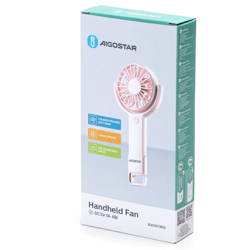 Aigostar - Rechargeable pocket fan 4,5W/3,7V 1200mAh USB pink