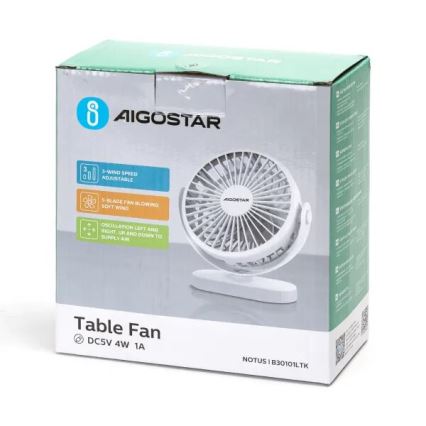 Aigostar - Rechargeable table fan 4W/5V 1500mAh white