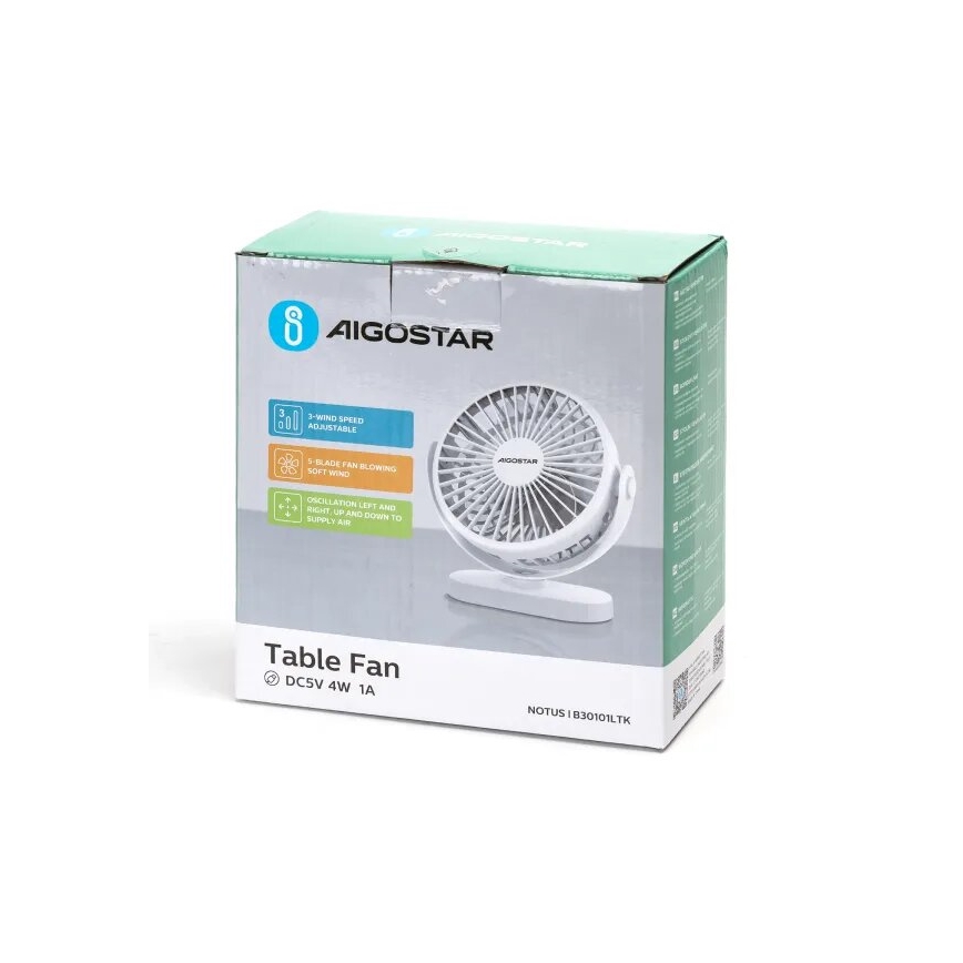 Aigostar - Rechargeable table fan 4W/5V 1500mAh white