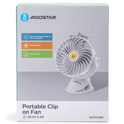 Aigostar - Rechargeable table fan with clip 2W/5V 2400mAh USB white