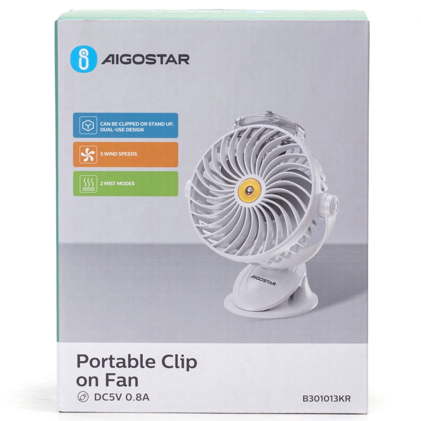 Aigostar - Rechargeable table fan with clip 2W/5V 2400mAh USB white