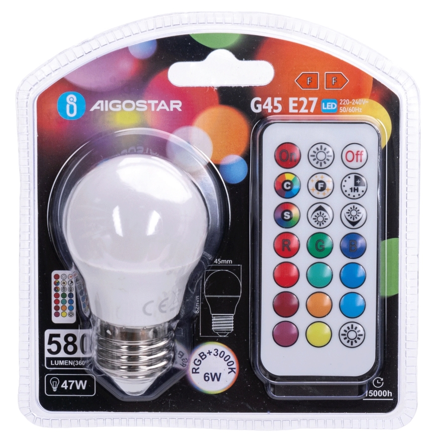 Aigostar - LED RGBW Dimmable Bulb G45 E27/6W/230V 3000K + Remote Control