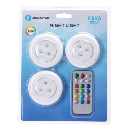 Aigostar - 3-Pack RGB LED Portable Night Lights LED/3xAAA + Remote Control