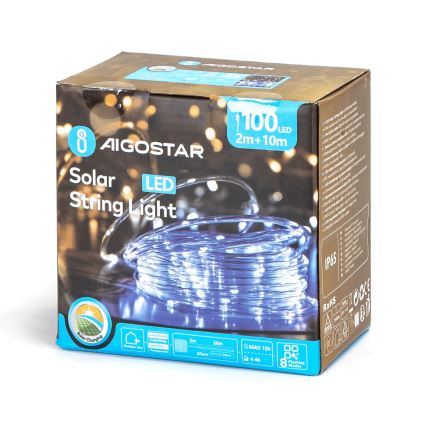 Aigostar - Solar LED Christmas lights, 100 LEDs, 8 modes, 12 m, IP65, cool white, 800 mAh