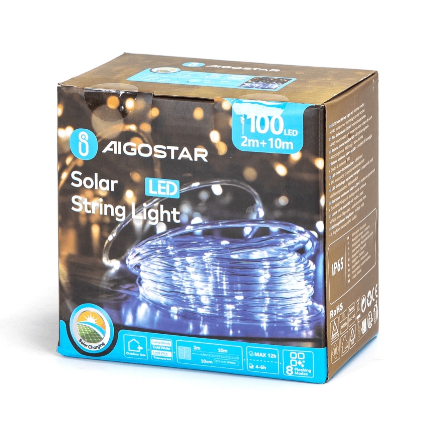 Aigostar - Solar LED Christmas lights, 100 LEDs, 8 modes, 12 m, IP65, cool white, 800 mAh