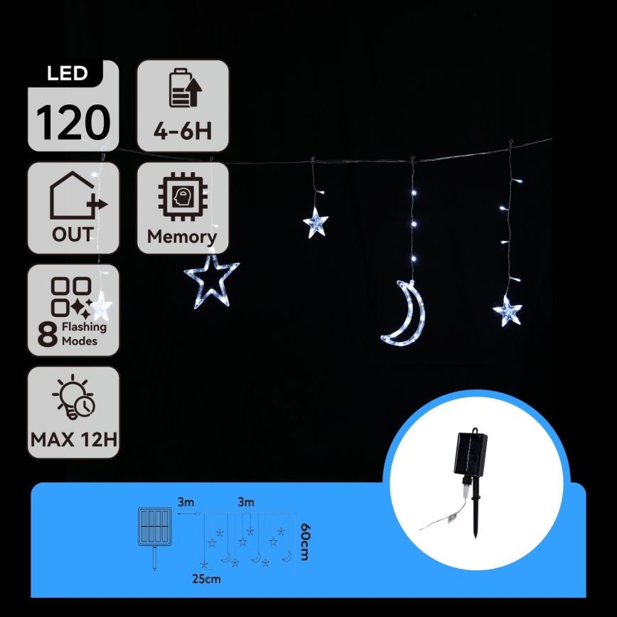 Aigostar - Solar LED Christmas String Lights, 120 LEDs / 8 Modes, 3 x 0.6 m, 500 mAh, IP65, Cool White