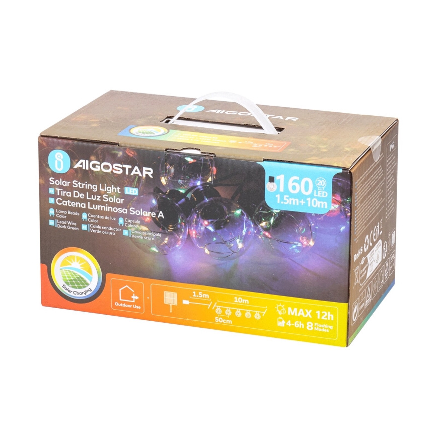 Aigostar - Solar LED Christmas string lights, 20 LEDs, 8 functions, 11.5 m, IP65, multicolor