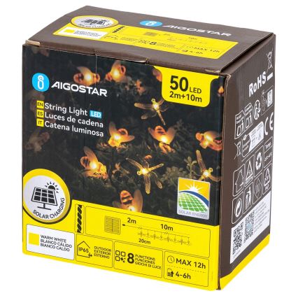 Aigostar - Solar LED Decorative String Lights, 50 LEDs / 8 Modes, 10 m, 800 mAh, IP65, Warm White
