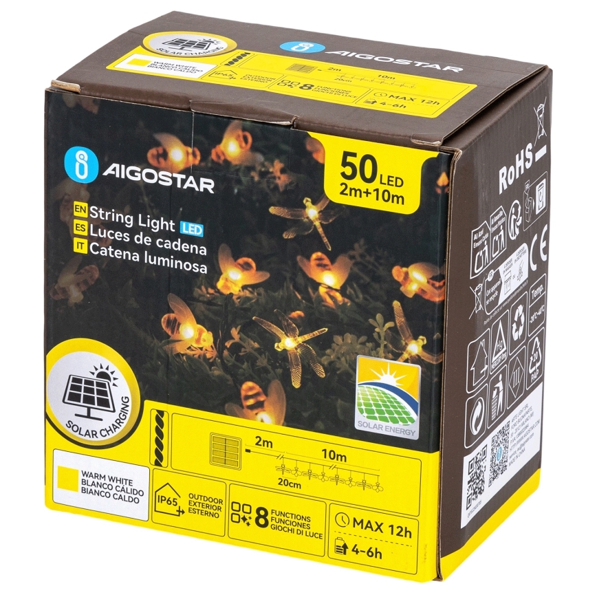 Aigostar - Solar LED Decorative String Lights, 50 LEDs / 8 Modes, 10 m, 800 mAh, IP65, Warm White