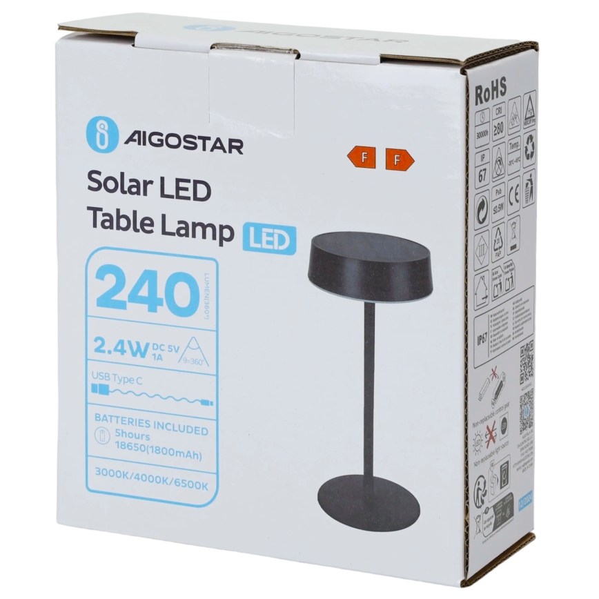 Aigostar - Solar LED Lamp, 2.4W/5V, IP44, 1800 mAh