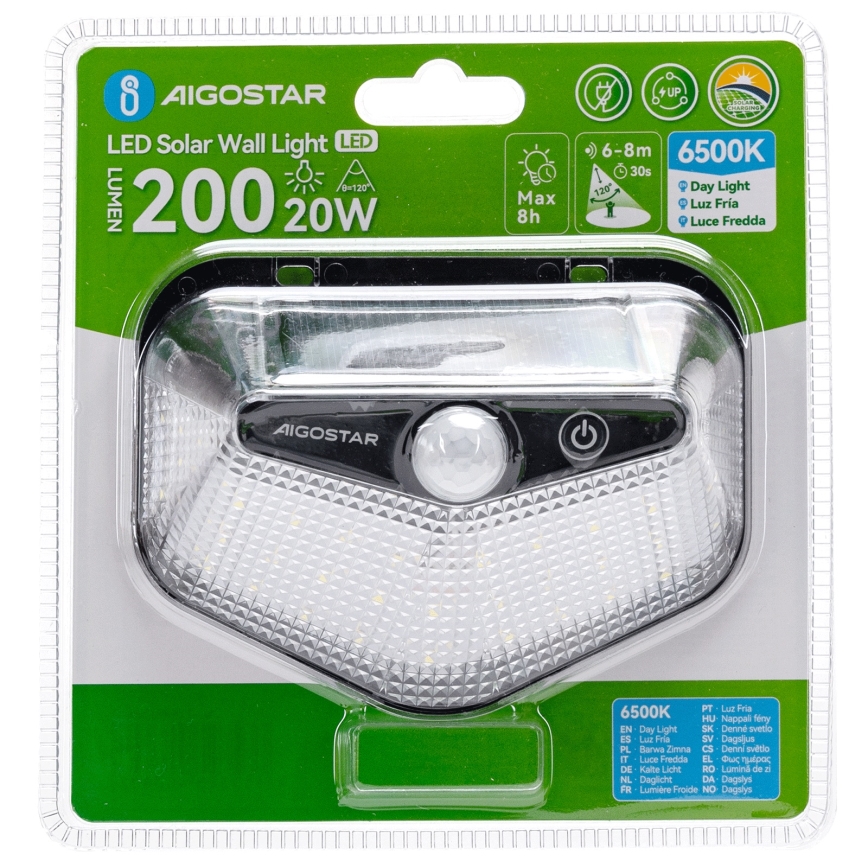 Aigostar - Solar LED Light with Sensor 3.7V 6500K 500mAh IP65 Black