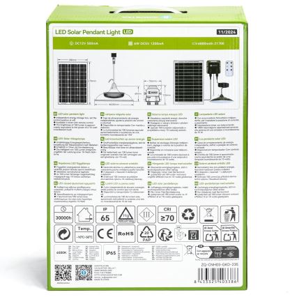 Aigostar - LED Solar Pendant Light LED/70W/12V 6000 mAh 6500K IP65 Ø 23.5 cm + remote control