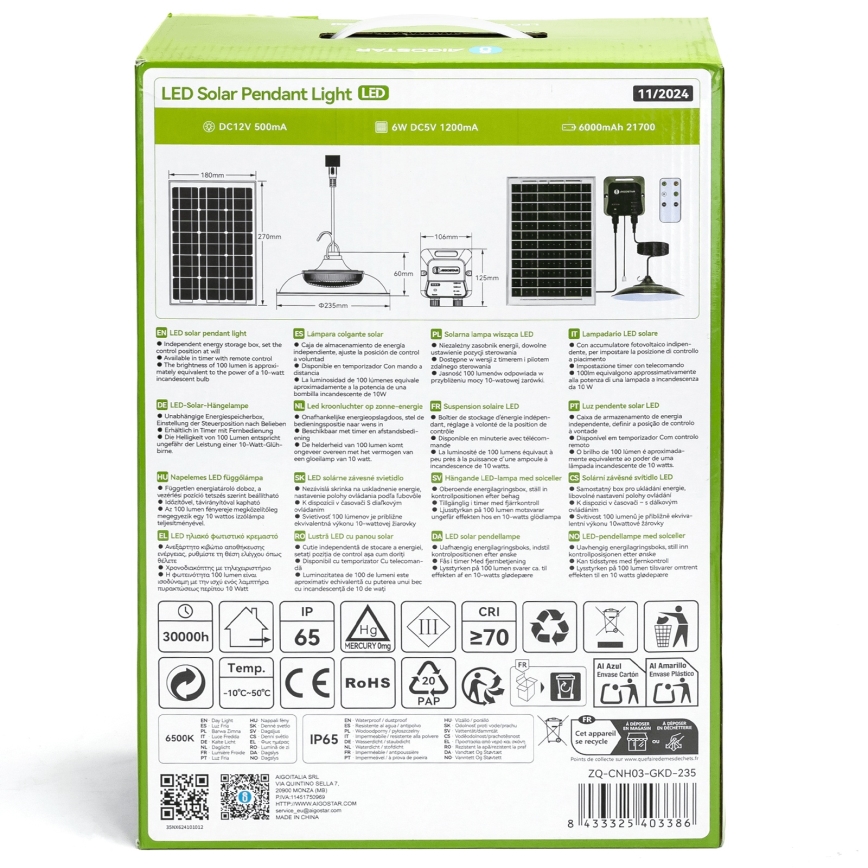 Aigostar - LED Solar Pendant Light LED/70W/12V 6000 mAh 6500K IP65 Ø 23.5 cm + remote control