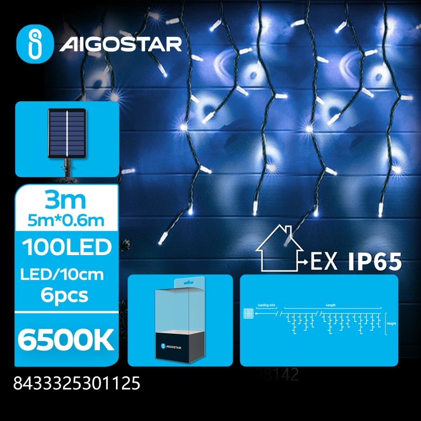 Aigostar - Solar LED String Lights, 100 LEDs, 8 Lighting Modes, 8 x 0.6 m, 500 mAh, IP65, Cool White