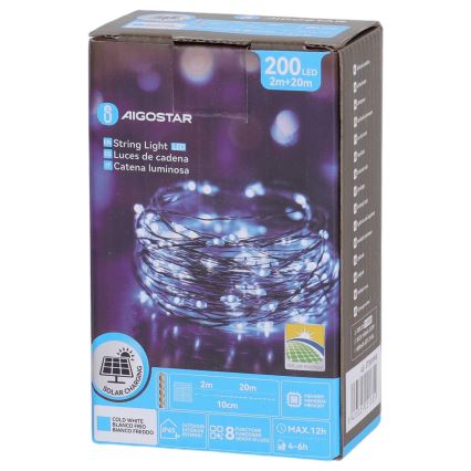 Aigostar - Solar LED String Lights, 200 LEDs / 8 Modes, 22 m, IP65, Cool White, 800 mAh