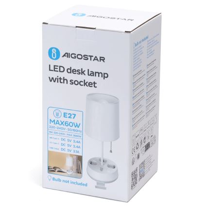 Aigostar - Table lamp with built-in power outlets and USB ports, 1x E27 / 60W / 230V, White