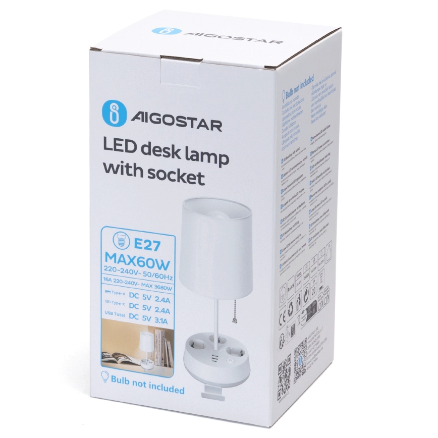 Aigostar - Table lamp with built-in power outlets and USB ports, 1x E27 / 60W / 230V, White