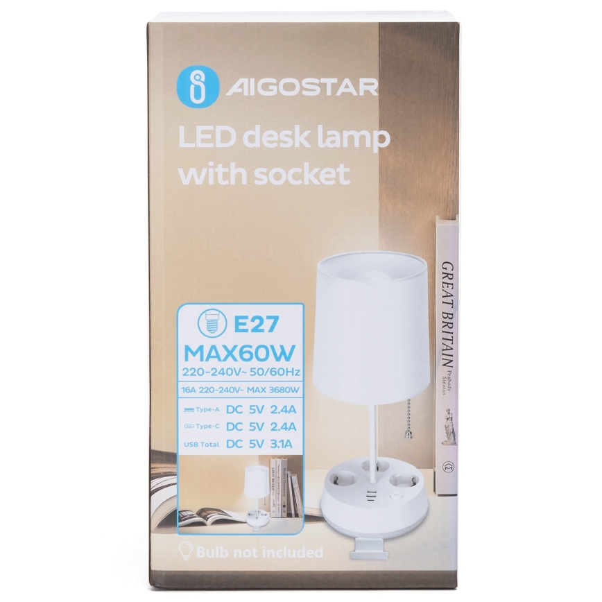 Aigostar - Table lamp with built-in power outlets and USB ports, 1x E27 / 60W / 230V, White