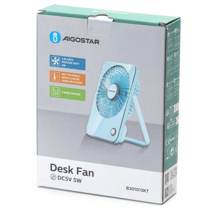 Aigostar - Table rechargeable fan 5W/5V 3600mAh USB blue