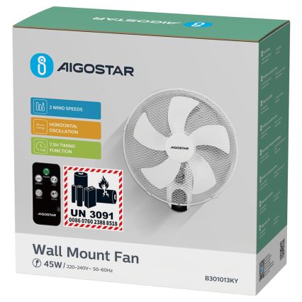 Aigostar -  Wall fan 45W/230V white + remote control