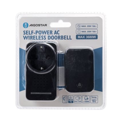 Aigostar - Wireless socket doorbell 1Z 230V IPX4 black