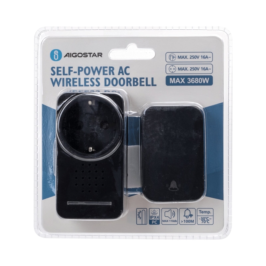 Aigostar - Wireless socket doorbell 1Z 230V IPX4 black