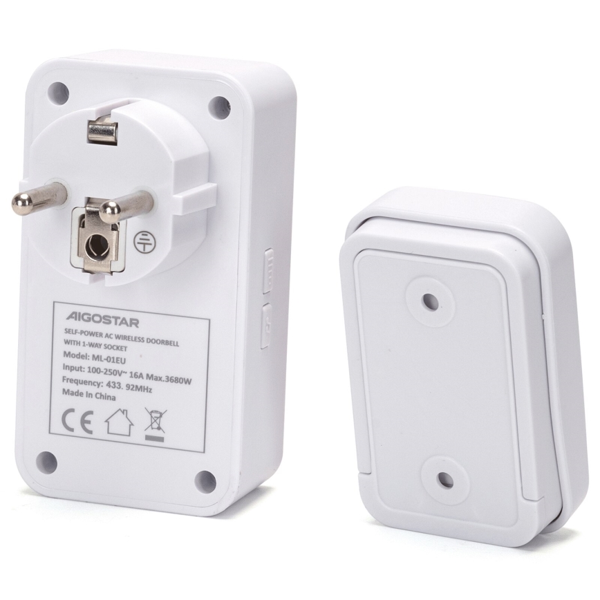 Aigostar - Wireless socket doorbell 1Z 230V IPX4 white