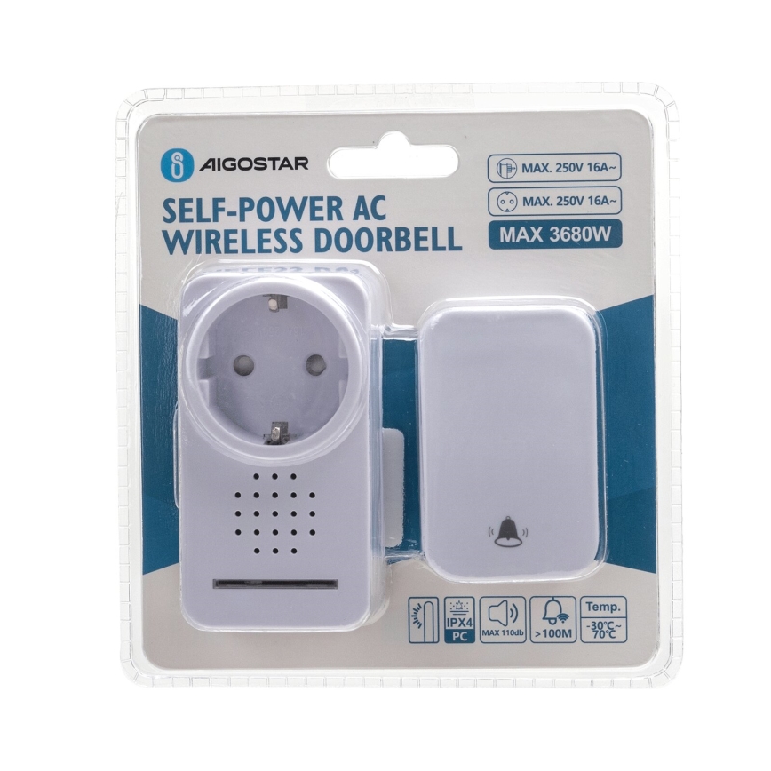 Aigostar - Wireless socket doorbell 1Z 230V IPX4 white