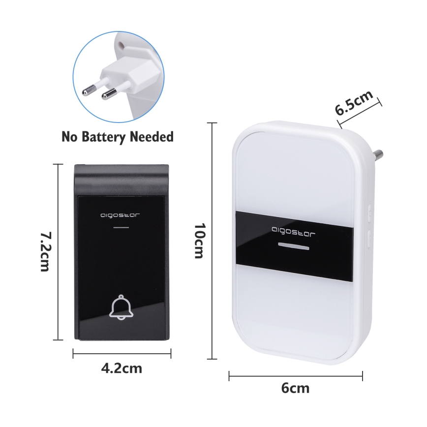 Aigostar - Wireless socket doorbell 230V/12V IP44 white/black