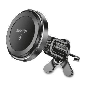 Aligator AMS05BK – Magnetic Car Phone Mount with 15W Qi Wireless Charging, MagSafe-compatible, Black
