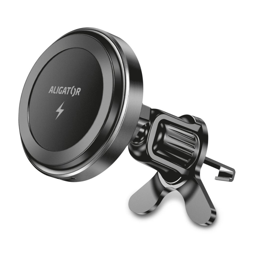 Aligator AMS05BK – Magnetic Car Phone Mount with 15W Qi Wireless Charging, MagSafe-compatible, Black