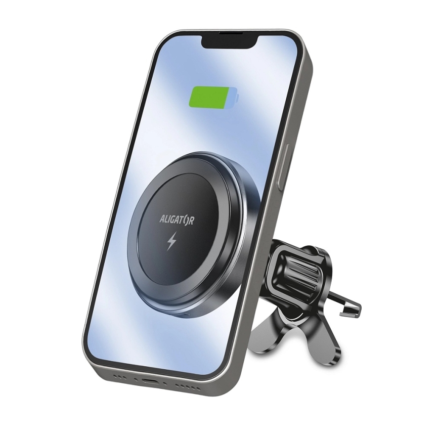 Aligator AMS05BK – Magnetic Car Phone Mount with 15W Qi Wireless Charging, MagSafe-compatible, Black