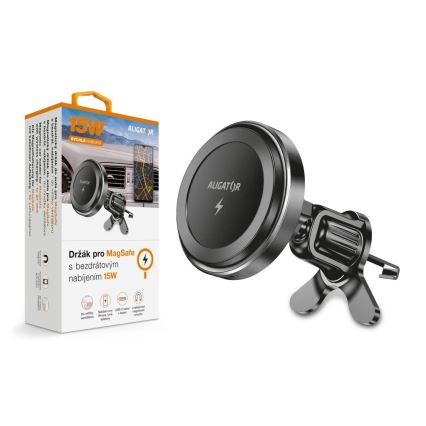 Aligator AMS05BK – Magnetic Car Phone Mount with 15W Qi Wireless Charging, MagSafe-compatible, Black