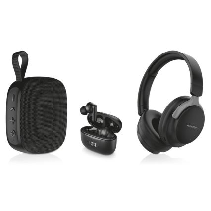 Aligator AUC001 - AUDIO COMBO 3-in-1: Over-ear headphones (150 mAh), wireless earbuds with 200 mAh charging case + 2 x 30 mAh earbuds, and a 1200 mAh speaker