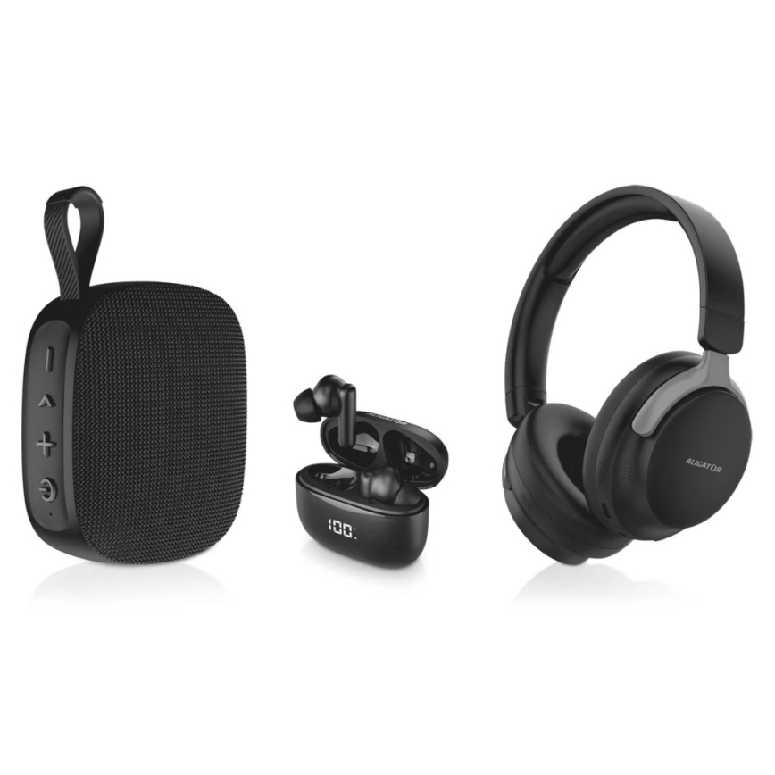 Aligator AUC001 - AUDIO COMBO 3-in-1: Over-ear headphones (150 mAh), wireless earbuds with 200 mAh charging case + 2 x 30 mAh earbuds, and a 1200 mAh speaker