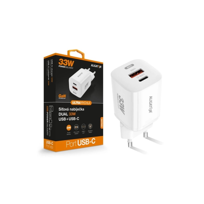 Aligator CHPD0020 - GaN Fast-Charging Power Delivery Adapter 33W USB-A + USB-C, White