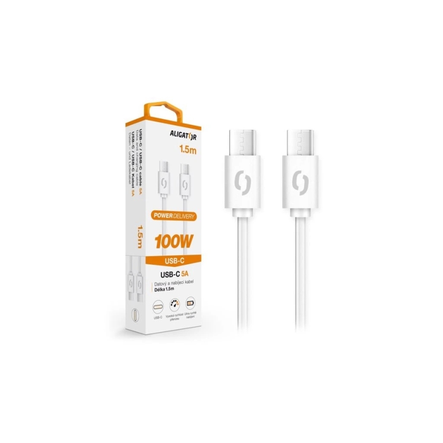 Aligator DATKP47 - USB-C to USB-C Cable, 100W Power Delivery, 1.5 m, White