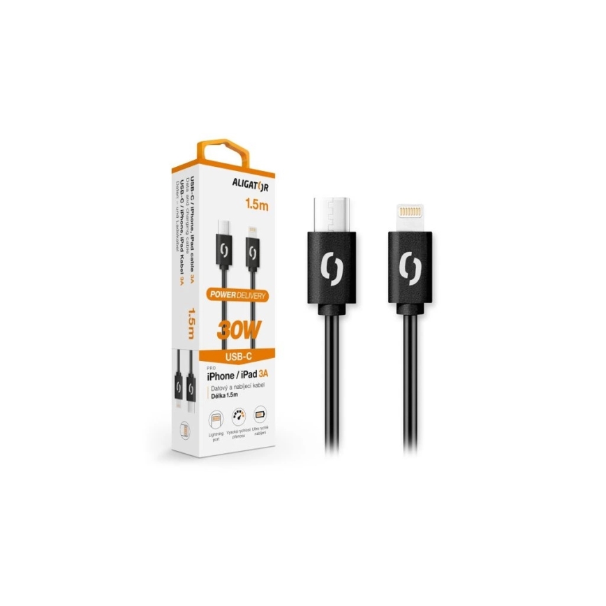 Aligator DATKP50 - USB-C to Lightning cable, 30W Power Delivery, 1.5 m, black