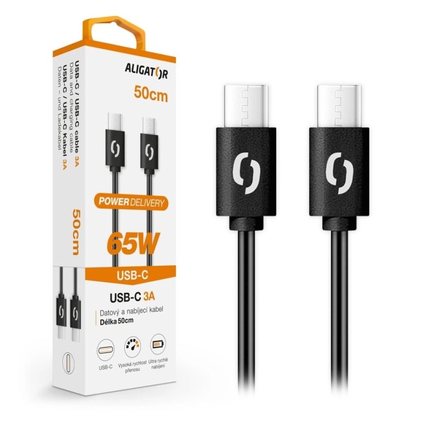 Aligator DATKP54 - USB-C to USB-C Cable, 65W Power Delivery, 0.5 m, Black