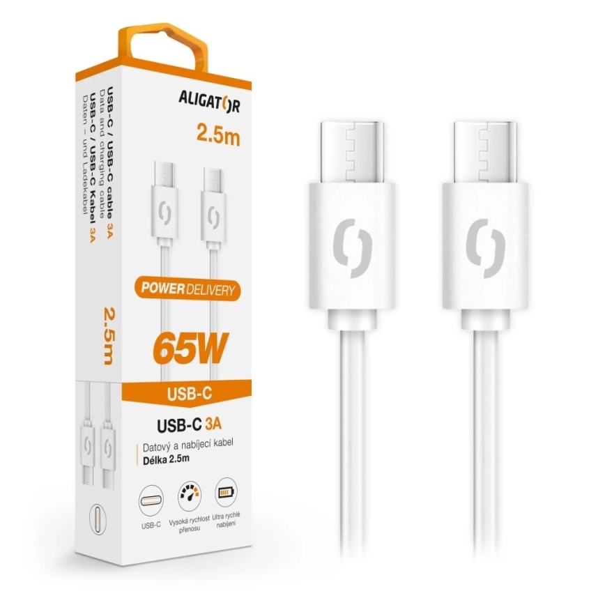 Aligator DATKP59 - USB-C to USB-C Cable, 65W Power Delivery, 2.5 m, White